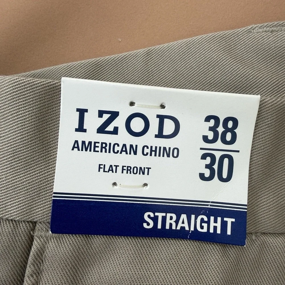 IZOD American Chino Pants Mens 38x30 (29) Khaki Straight Fit Flat Front New Golf
